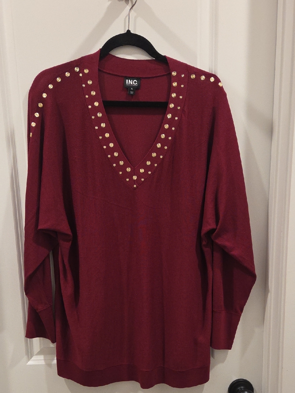 INC International Concepts Burgundy V-Neck Studded Sweater